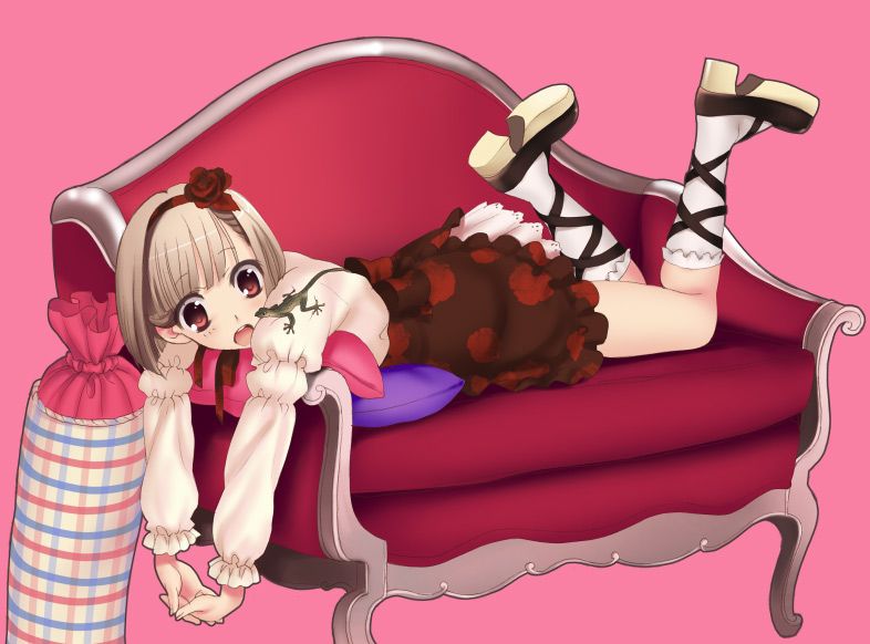 1girl brown_hair couch dress hairband juliet_sleeves long_sleeves lying on_stomach original piyodera_mucha puffy_sleeves red_eyes red_upholstery solo tagme