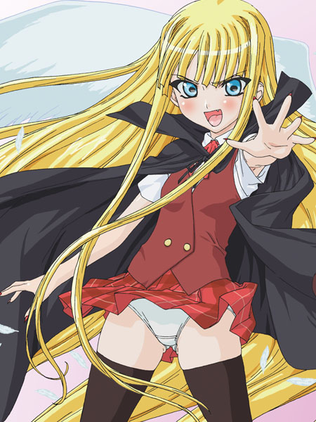 1girl blonde_hair evangeline_a_k_mcdowell flat_chest long_hair mahou_sensei_negima! okiyumi_kase panties plaid plaid_skirt school_uniform serafuku skirt solo thigh-highs underwear vampire wind wind_lift