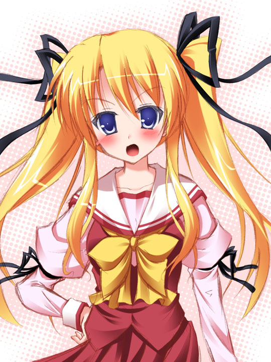 1girl :o blonde_hair blue_eyes bow bowtie hand_on_hip juliet_sleeves long_hair long_sleeves looking_at_viewer open_mouth original polka_dot polka_dot_background puffy_long_sleeves puffy_sleeves sailor_collar school_uniform serafuku solo twintails very_long_hair yellow_bow yellow_bowtie yoshiharu