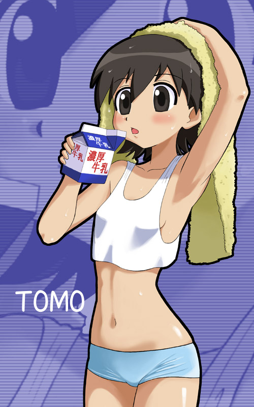 1girl azumanga_daioh blush camisole milk solo takino_tomo towel towel_on_head