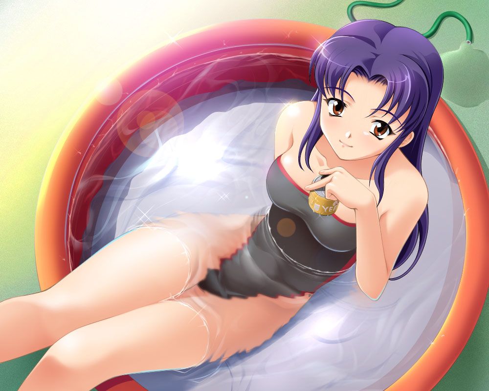 1girl alcohol beer blue_hair brown_eyes can casual_one-piece_swimsuit from_above highleg highleg_swimsuit hose katsuragi_misato lens_flare long_legs looking_up neon_genesis_evangelion one-piece_swimsuit pool purple_hair ripples sitting smile solo sparkle swimsuit wading_pool water yuhji