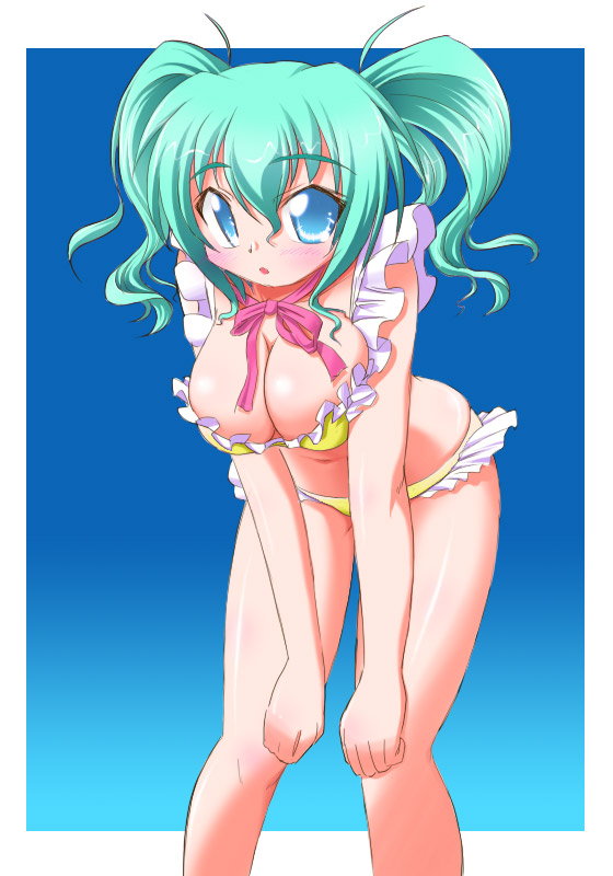 1girl aqua_hair bent_over bikini blue_eyes blush bow breast_squeeze breasts cleavage green_hair hirorin huge_breasts large_breasts matatabi_(2ccp) original ribbon solo swimsuit twintails
