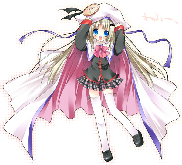 1girl blue_eyes bow buttons cape hat large_buttons little_busters!! long_hair noumi_kudryavka paco pink_bow school_uniform serafuku silver_hair solo thigh-highs