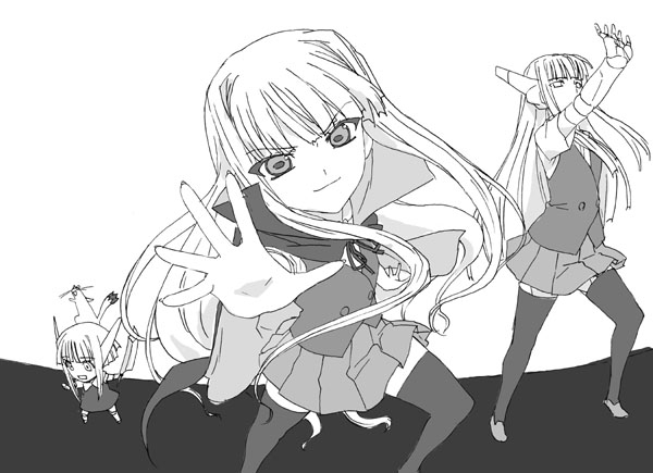 3girls albert_chamomille chachazero chamo evangeline_a_k_mcdowell hare_hare_yukai karakuri_chachamaru mahou_sensei_negima! monochrome multiple_girls okiyumi_kase parody robot_ears suzumiya_haruhi_no_yuuutsu thigh-highs vampire