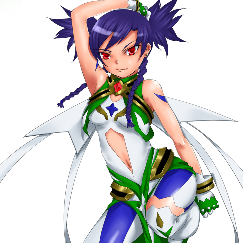 1girl arm_up armpits bare_shoulders bodysuit braid center_opening contrapposto cowboy_shot gloves looking_at_viewer my-otome navel nina_wang purple_hair red_eyes rokuichi short_hair_with_long_locks simple_background solo spiky_hair standing stomach twin_braids twintails white_background white_gloves