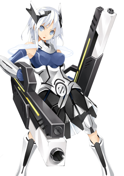 1girl blue_eyes bodysuit gun murata_taichi silver_hair solo weapon