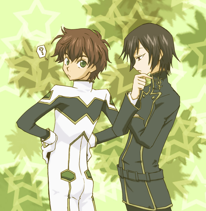 2boys ? ass bodysuit code_geass contemplating kururugi_suzaku lelouch_lamperouge male_focus multiple_boys thinking