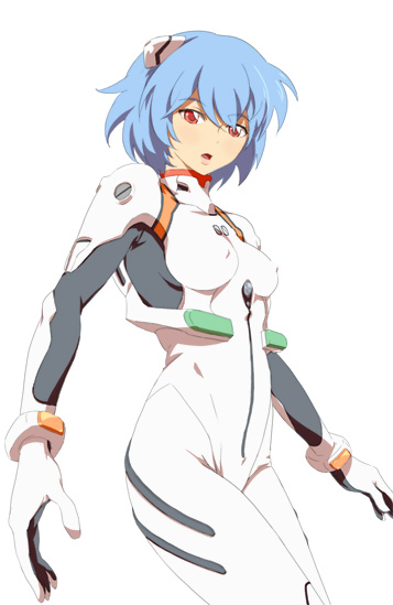 1girl :o armpits ayanami_rei bangs blue_hair bodysuit bracer breasts cowboy_shot erect_nipples from_side gloves hair_between_eyes hair_ornament impossible_clothes looking_at_viewer mebae neon_genesis_evangelion number open_mouth pilot_suit plugsuit red_eyes short_hair simple_background small_breasts solo turtleneck white_background