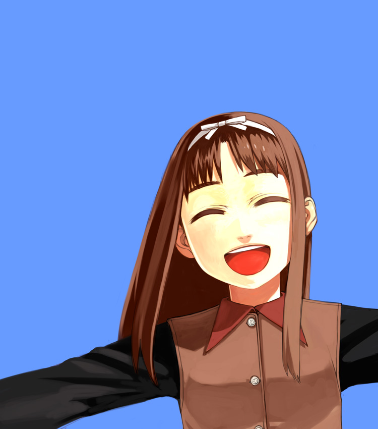 00s 1girl :d ^_^ angelica blue_background brown_hair closed_eyes gunslinger_girl hair_ribbon hairband happy long_hair open_mouth outstretched_arms ribbon smile solo spread_arms yu_65026