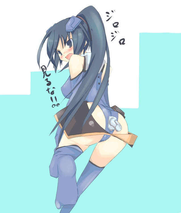 &gt;:o 1girl :o angry aqua_background ass bangs bare_shoulders black_eyes black_hair blue_gloves blue_legwear blush breasts cable elbow_gloves from_behind gloves hair_ribbon headgear high_ponytail ichijou_eika kanikama leg_lift leotard long_hair looking_at_viewer looking_back motionslit nose_blush open_mouth pilot_suit ponytail ribbon shouting simple_background sky_girls smile solo thigh-highs translated very_long_hair