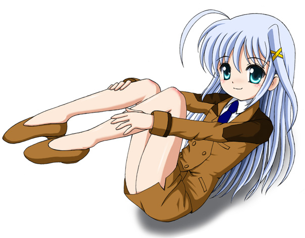 1girl ahoge flats flipper formal green_eyes hair_ornament legs_up long_hair long_sleeves looking_at_viewer lying lyrical_nanoha mahou_shoujo_lyrical_nanoha mahou_shoujo_lyrical_nanoha_strikers military military_uniform on_back reinforce_zwei shoes silver_hair solo suit thighs uniform very_long_hair x_hair_ornament
