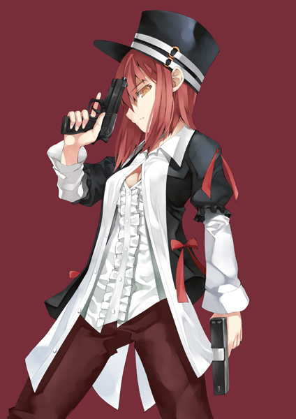 1girl bangs breasts cleavage dual_wielding frilled_shirt frills gun handgun hat legs_apart long_sleeves looking_at_viewer medium_breasts murata_taichi o-ring orange_eyes original pants pistol red_background redhead shirt short_over_long_sleeves short_sleeves simple_background solo weapon