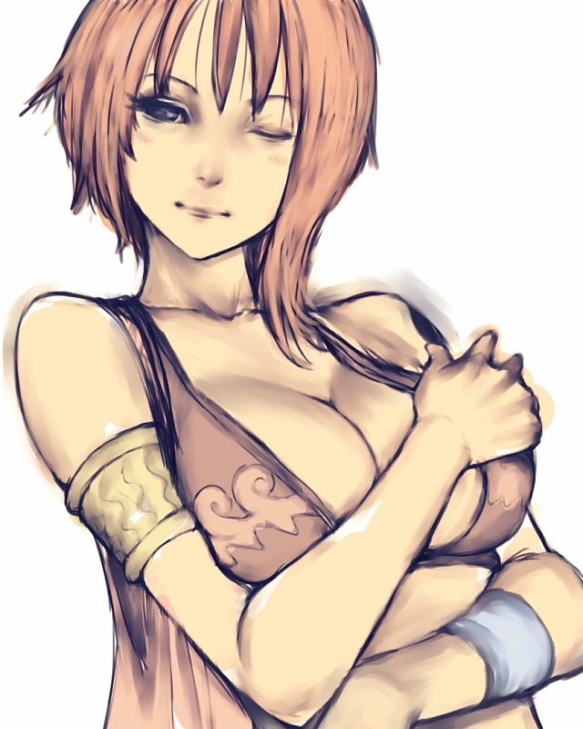 1girl alabasta arabian_clothes armband armlet bangle bracelet breasts cleavage crossed_arms female fumio_(rsqkr) huge_breasts jewelry large_breasts nami_(one_piece) one_eye_closed one_piece orange_hair short_hair simple_background sleeveless solo tattoo wink