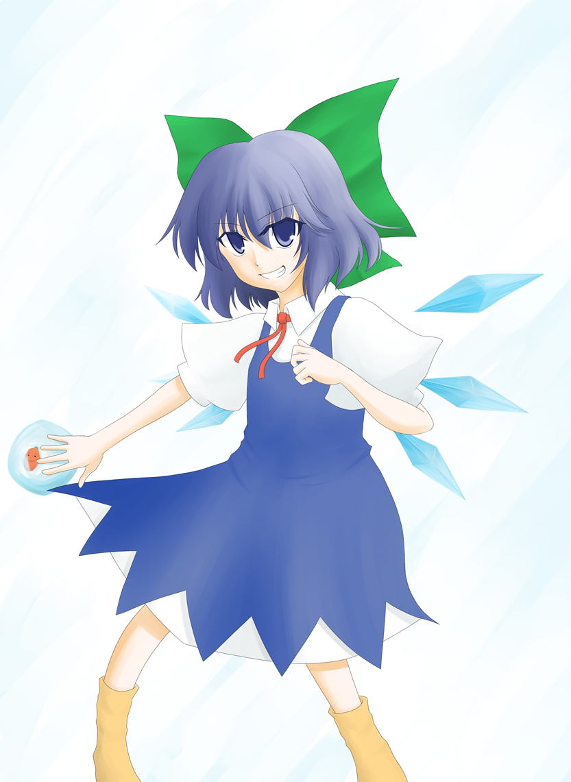 1girl blue_dress blue_eyes blue_hair blue_pony bluepony bow carrot cirno dress female grin ice ice_wings looking_at_viewer puffy_short_sleeves puffy_sleeves red_ribbon ribbon shoot_the_bullet short_sleeves smile socks solo touhou wings