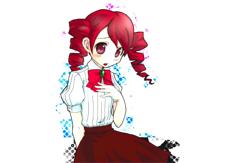 1girl atlus bad_id blush bow child drill_hair hokoro kirijou_mitsuru long_hair looking_at_viewer open_mouth persona persona_3 puffy_short_sleeves puffy_sleeves red_eyes redhead school_uniform short_sleeves simple_background skirt solo younger