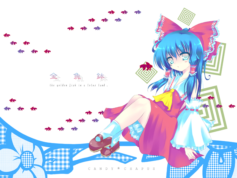 1girl 23 23_(candy_chapus) alternate_eye_color alternate_hair_color ascot bangs bare_shoulders blue_eyes blue_hair bow detached_sleeves english female fish flat_chest flower frills from_side full_body gradient hair_bow hair_tubes hakurei_reimu japanese_clothes long_hair looking_at_viewer mary_janes miko nontraditional_miko one_side_up petticoat plaid ribbon_trim shoes sidelocks sitting socks solo touhou white_background