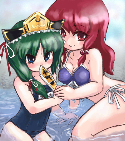 2girls alternate_hairstyle asymmetrical_hair bikini blue_eyes blush female front-tie_top green_hair hair_down homura_subaru lowres multiple_girls name_tag one-piece_swimsuit onozuka_komachi red_eyes redhead rod_of_remorse school_swimsuit shiki_eiki side-tie_bikini smile swimsuit touhou