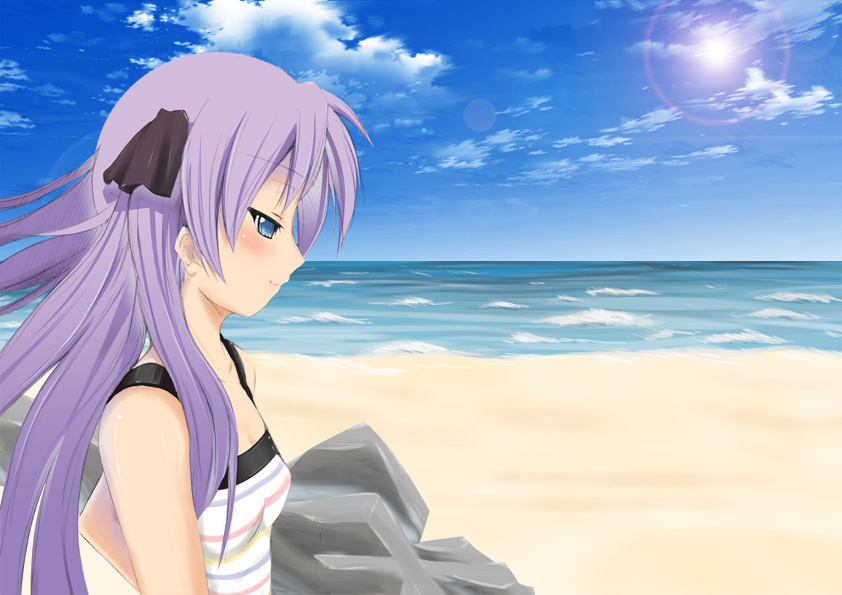 1girl bare_shoulders beach blue_eyes coast dress from_side hair_ribbon half-closed_eyes hiiragi_kagami horn looking_down lucky_star pink_hair profile ribbon sand shore sitting solo sun sundress sunlight twintails water