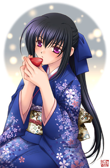 alcohol black_hair japanese_clothes kimono long_hair ponytail saeki_hokuto sake violet_eyes
