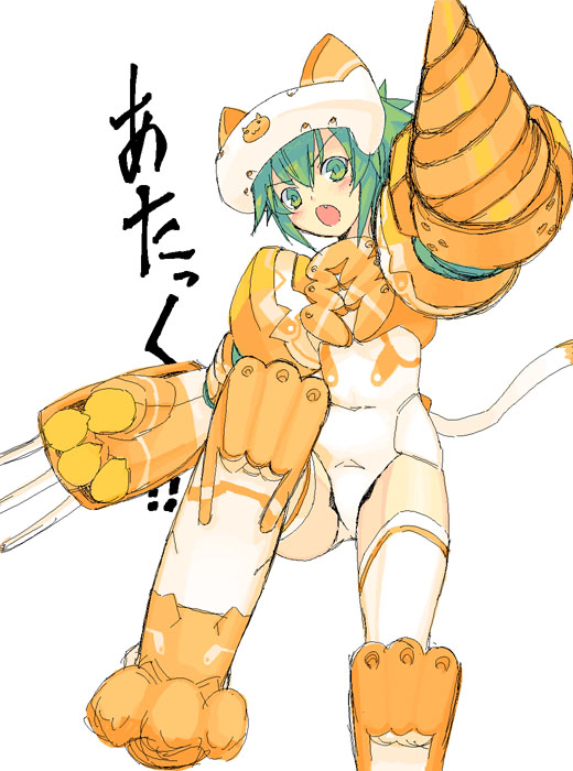 &gt;:o 1girl :o animal_ears armor blush busou_shinki cat cat_ears cat_print cat_tail claws drill fang fighting_stance green_eyes green_hair headgear jumping leotard looking_at_viewer maochao mecha_musume open_mouth paws satou_atsuki short_hair shouting simple_background sketch solo tail thigh-highs weapon white_background white_legwear