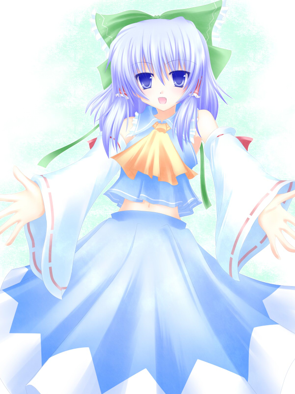 (9) 1girl cirno cosplay female gradient gradient_background hakurei_reimu hakurei_reimu_(cosplay) navel shirotsuki_kouta shoot_the_bullet skirt solo touhou white_background