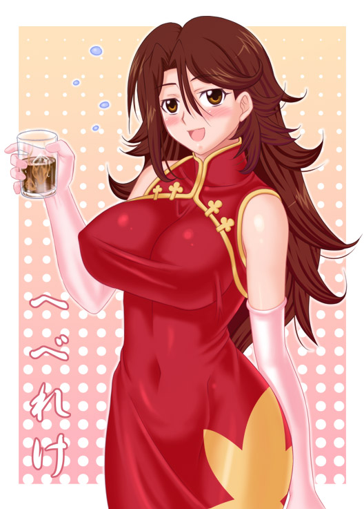 1girl alcohol breasts china_dress chinese_clothes cleavage dress elbow_gloves gloves gundam gundam_00 huge_breasts impossible_clothes impossible_dress solo sumeragi_lee_noriega tonbidou