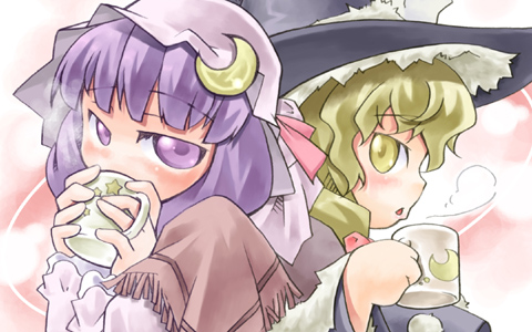 2girls blonde_hair coffee_cup coffee_mug crescent cup drinking female hat kirisame_marisa long_sleeves looking_at_viewer lowres mob_cap multiple_girls nyagakiya patchouli_knowledge purple_hair steam touhou upper_body violet_eyes witch_hat yellow_eyes