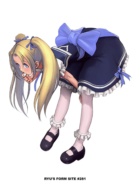 bent_over blonde_hair blue_eyes bow ryu_(ryu's_former_site) twintails