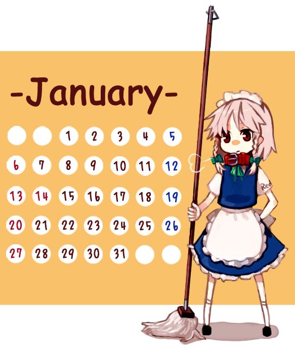 00s 1girl 2008 braid calendar female izayoi_sakuya january short_hair silver_hair solo takishima_asaka touhou twin_braids