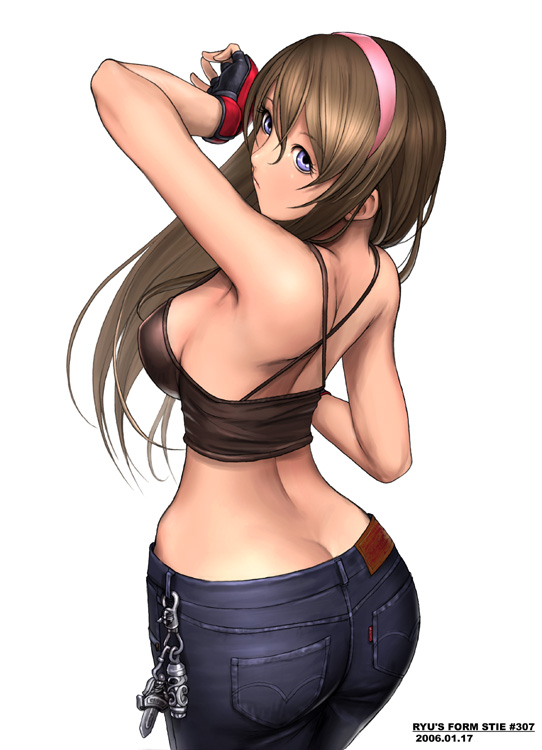 1girl arm_up ass back bare_arms blue_eyes breasts brown_hair butt_crack curvy dead_or_alive denim fingerless_gloves gloves hairband hitomi_(doa) jeans long_hair pants pink_hairband ryu_(ryu's_former_site) sideboob simple_background sleeveless slender_waist solo standing tecmo white_background