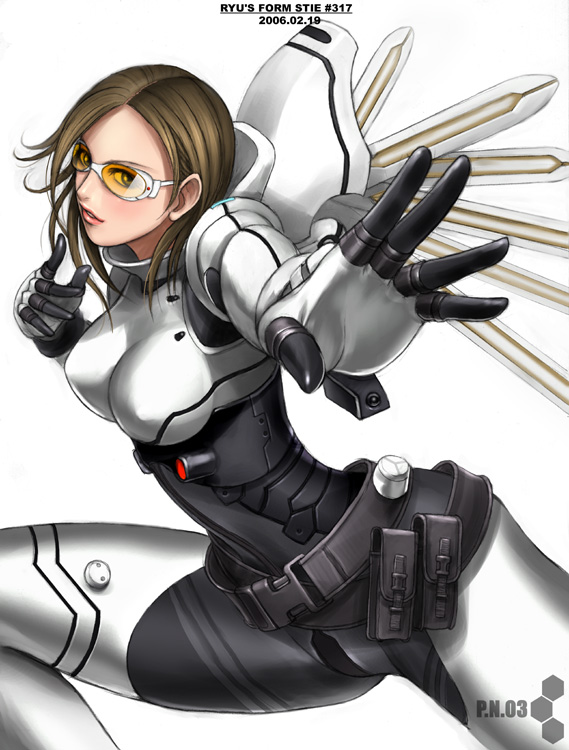 1girl armor belt belt_pouch bodysuit breasts brown_hair fighting_stance glasses hands large_breasts lipstick makeup outstretched_hand p.n.03 pn03 ryu_(ryu's_former_site) short_hair simple_background skin_tight smile solo spread_legs sunglasses thighs vanessa_schneider vanessa_z_schneider wings