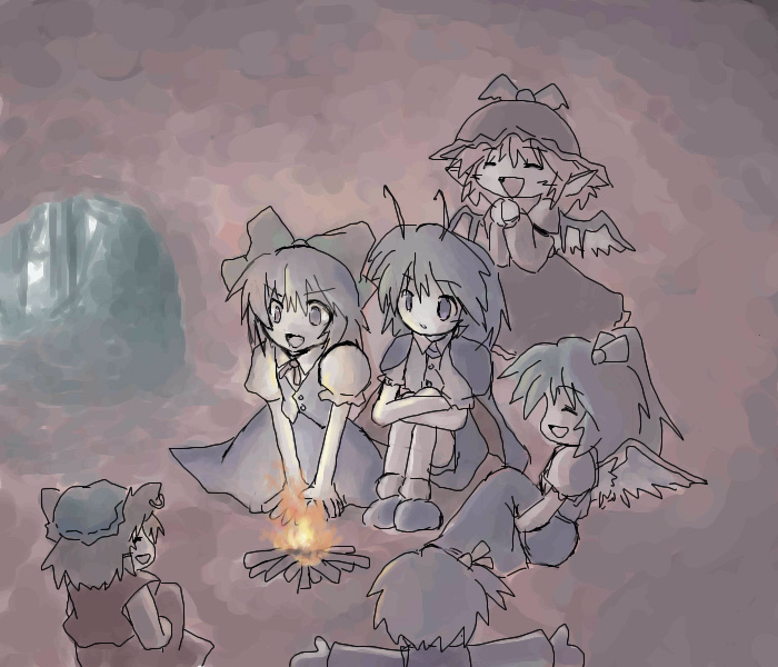 6+girls animal_ears antennae blonde_hair bow campfire cat_ears cave chen cirno daiyousei dress earrings fairy_wings female fire hair_bow hat jewelry multiple_girls mystia_lorelei open_mouth red_eyes rumia sitting team_9 touhou wings wriggle_nightbug youkai