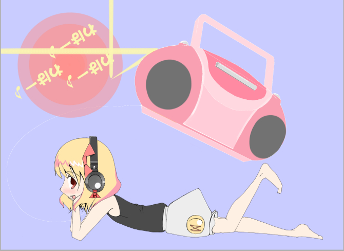 barefoot blonde_hair boombox casual feet female headphones hyara red_eyes rumia the_embodiment_of_scarlet_devil touhou youkai