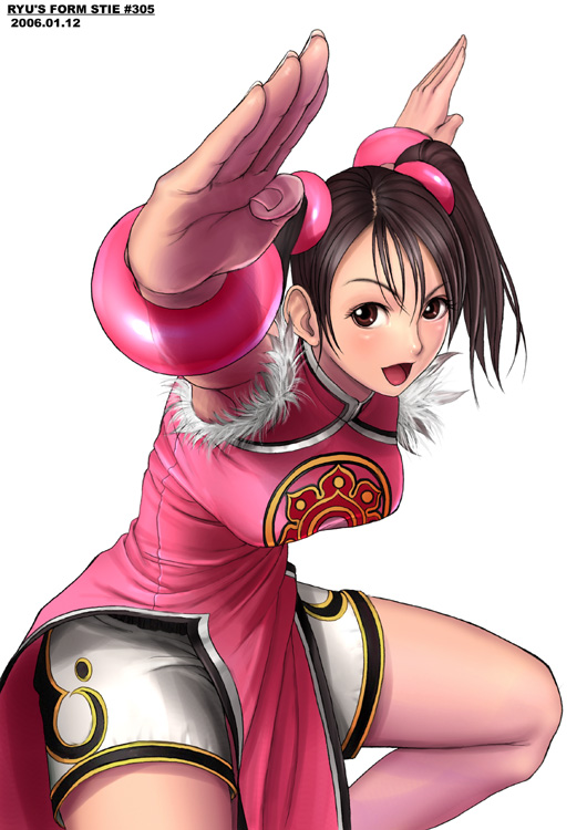1girl breasts brown_eyes brown_hair china_dress chinese_clothes dress female fighting_stance fingernails hands ling_xiaoyu looking_at_viewer open_mouth pelvic_curtain pink_dress ryu_(ryu's_former_site) shorts simple_background solo tekken twintails white_background