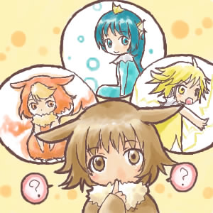 4girls ? animal_ears blonde_hair blue_eyes blue_hair brown_eyes brown_hair costume crown eevee flareon jolteon lowres multiple_girls nintendo orange_eyes orange_hair parody personification pokemon shugo_chara! spoken_question_mark tail thinking vaporeon yellow_eyes