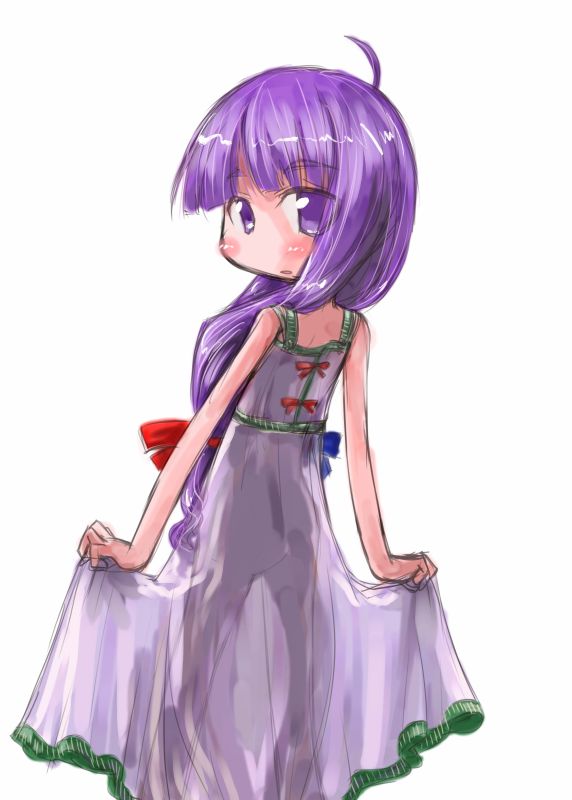 1girl ahoge bangs blue_bow blunt_bangs blush bow dress dress_lift female from_behind hair_bow lifted_by_self long_hair looking_at_viewer looking_back patchouli_knowledge purple_hair red_bow see-through simple_background solo standing tao tao_(kadoya) touhou violet_eyes white_background