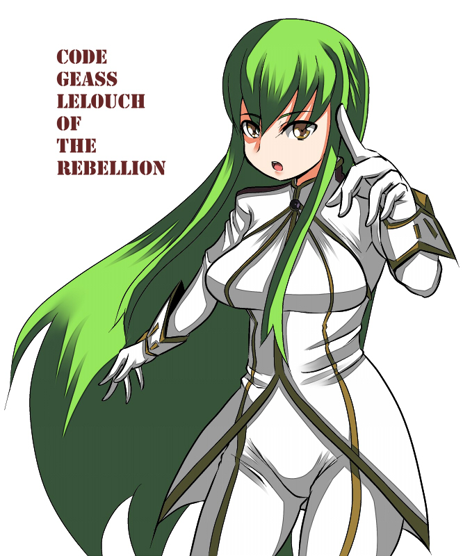 1girl breasts c.c. code_geass copyright_name cowboy_shot gloves green_hair johnny_funamushi large_breasts long_hair long_sleeves looking_at_viewer pointing pointing_at_viewer robe sidelocks simple_background solo standing white_background white_gloves yellow_eyes