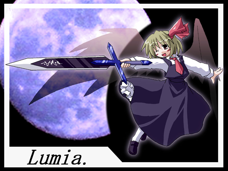 1girl black_wings blonde_hair character_name ex-rumia female hair_ribbon necktie red_eyes ribbon rumia short_hair solo sword the_embodiment_of_scarlet_devil touhou weapon wings youkai