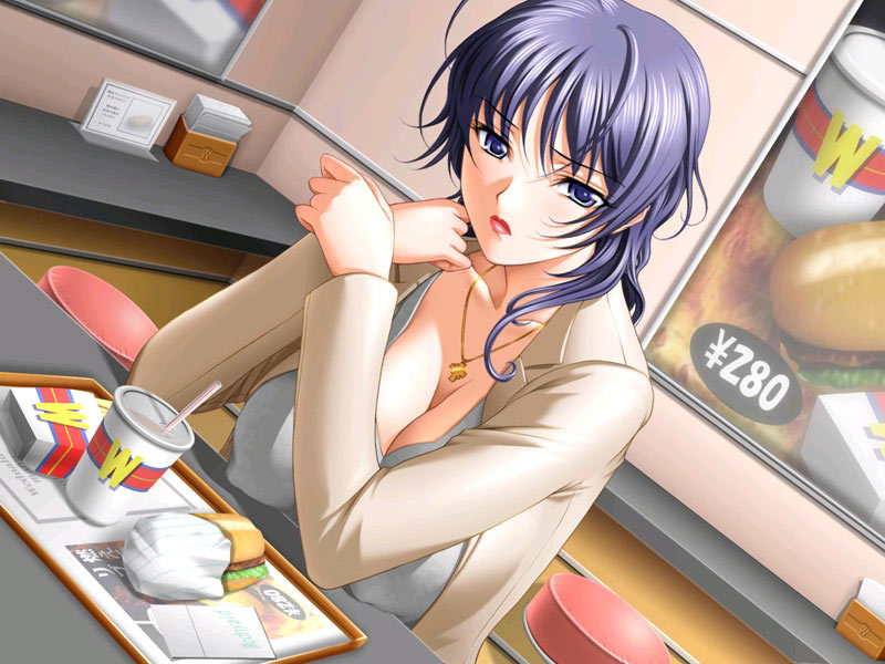 1girl blue_eyes blue_hair breasts cleavage erect_nipples food futago_no_bosei_honnou futago_no_haha_seihonnou game_cg huge_breasts jewelry kusunoki_akane large_breasts lipstick looking_at_viewer makeup necklace nipples open_clothes open_shirt restaurant sano_toshihide shirt solo