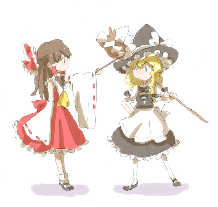 2girls apron bangs black_bow black_eyes black_hair black_hat black_shoes black_skirt black_vest blonde_hair blue_eyes bow braid carrying_over_shoulder cravat detached_sleeves female full_body gohei hair_bow hair_tubes hakurei_reimu half_updo hand_on_hip hat hat_bow hat_ribbon hitting holding holding_broom kirisame_marisa legs_apart legs_together long_hair looking_at_another mary_janes mokeo multiple_girls one_eye_closed pantyhose profile red_bow red_ribbon red_skirt ribbon ribbon-trimmed_sleeves ribbon_trim shide shirt shoes short_sleeves single_braid sketch skirt socks touhou vest waist_apron white_apron white_background white_bow white_legwear white_ribbon white_shirt witch_hat