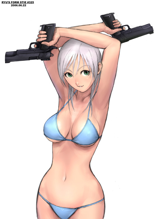 1girl armpits arms_up bare_arms bikini blue_bikini blue_swimsuit breasts cleavage curvy dual_wielding feet_out_of_frame female green_eyes gun handgun hands_on_hips hips holding holding_gun holding_weapon large_breasts m1911 midriff navel pistol ryu_(ryu's_former_site) semiautomatic silver_hair simple_background solo swimsuit underboob weapon white_background wide_hips