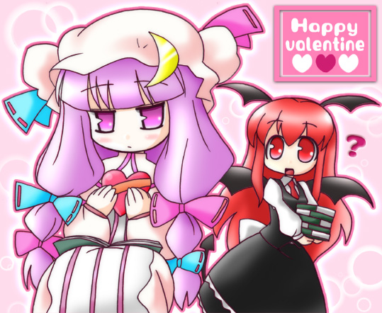 2girls bow chibi female happy_valentine head_wings koakuma multiple_girls nekoyu patchouli_knowledge pink_bow tail the_embodiment_of_scarlet_devil touhou valentine