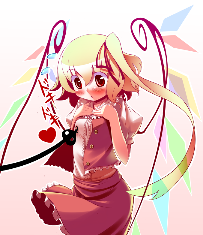 1girl blonde_hair blush breast_poke breast_suppress breasts center_frills chestnut_mouth collar cowboy_shot eyebrows eyebrows_visible_through_hair female flandre_scarlet flying_sweatdrops frilled_collar frilled_shirt_collar frilled_skirt frills gradient gradient_background heart laevatein long_hair looking_down no_hat no_headwear one_side_up open_clothes open_vest poking puffy_short_sleeves puffy_sleeves red_background red_eyes red_skirt red_vest shirt short_sleeves skirt skirt_lift skirt_set small_breasts solo takahero touhou unbuttoned vest white_shirt wings