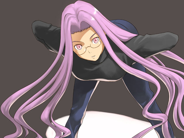 1girl bent_over breasts denim fate/stay_night fate_(series) glasses jeans long_hair pants pink_eyes purple_hair rider simple_background solo sweater very_long_hair yizumi