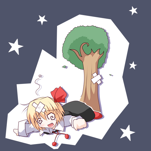 1girl @_@ bandage blonde_hair fang female hair_ribbon lowres red_eyes ribbon rumia short_hair solo tears the_embodiment_of_scarlet_devil touhou tree youkai
