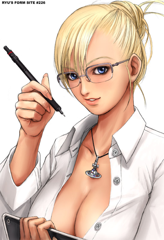 1girl blonde_hair blue_eyes breasts bust buttons cleavage collared_shirt doctor female fingernails glasses hair_bun hair_up holding holding_pen jewelry large_breasts open_clothes open_shirt pen pendant ryu_(ryu's_former_site) shirt simple_background smile solo white_background white_shirt