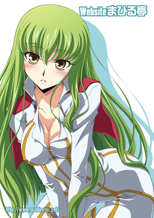1girl blush breasts c.c. cleavage code_geass collarbone erect_nipples green_hair izumi_mahiru large_breasts long_hair long_sleeves looking_at_viewer solo text v_arms very_long_hair white_background yellow_eyes