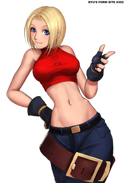 1girl bare_arms bare_shoulders belt beltskirt blonde_hair blue_eyes blue_mary closed_mouth crop_top fatal_fury fingerless_gloves gloves halterneck hand_on_hip jeans king_of_fighters large_belt midriff navel red_shirt ryu_(ryu's_former_site) shirt short_hair simple_background sleeveless sleeveless_shirt slender snk solo sports_bra the_king_of_fighters white_background