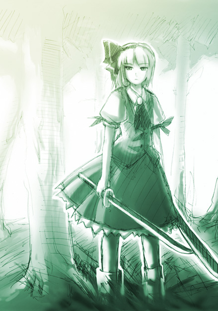 1girl female green katana konpaku_youmu monochrome solo sword touhou weapon yakepu