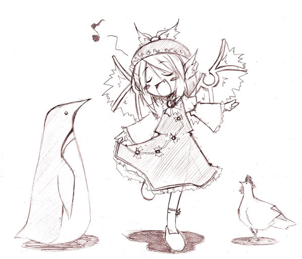1girl animal_ears bird chicken closed_eyes dress fang female hat monochrome music musical_note mystia_lorelei open_mouth penguin quaver short_hair singing solo touhou wide_sleeves wings
